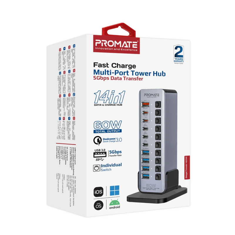 Promate GegaTower-60W Fast Charge Multi-port USB-C Tower Hub with 5Gbps Data Transfer Promate GegaTower-60W Fast Charge Multi-port USB-C Tower Hub with 5Gbps Data Transfer